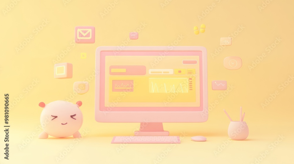Poster a cute, pastel-themed workspace with a computer and playful elements.