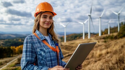 female engineer working outdoor with safety at wind turbines clean energy power station background, worker people with renewable energy technology for future concept