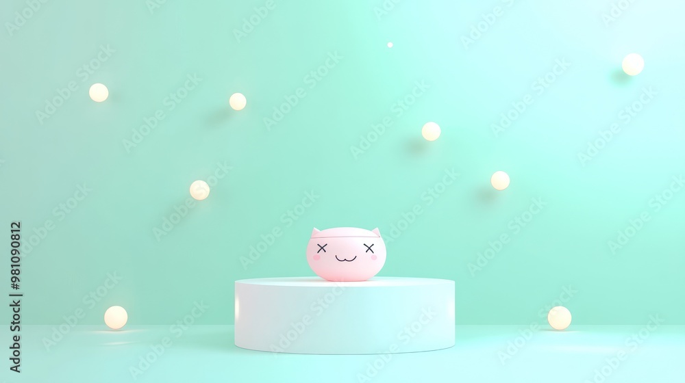 Poster A cute cat-shaped object sits on a pedestal with soft lighting and floating orbs.
