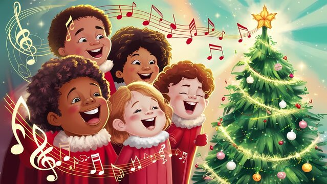 diverse children singing Christmas carols, musical notes, and a Christmas tree in the background cartoon illustration.
