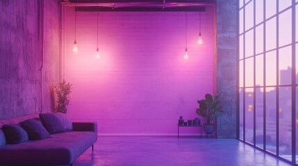 A modern interior featuring purple lighting, a sofa, and large windows.