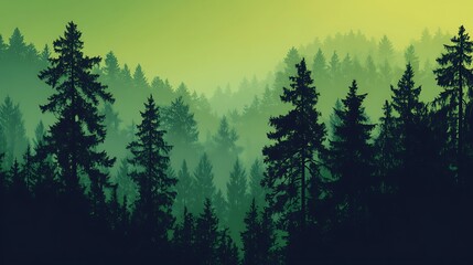 Fototapeta premium A serene forest landscape with silhouettes of trees against a misty background.