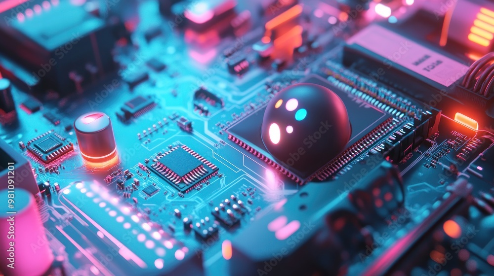 Poster a vibrant close-up of a circuit board with glowing components and a central chip.