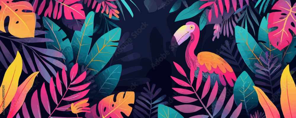 Poster a colorful background with a pink flamingo in the foreground. the flamingo is surrounded by a variet