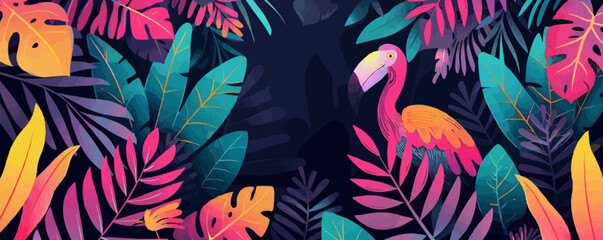 A colorful background with a pink flamingo in the foreground. The flamingo is surrounded by a variety of tropical foliage, giving the impression of a lush, vibrant jungle