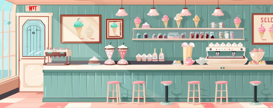 Nostalgic ice cream parlor with vintage decor and classic ice cream flavors, flat, vector illustration, vintage hand drawn