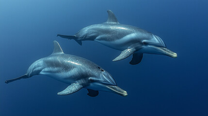 Fototapeta premium Two dolphins swimming in the deep blue sea