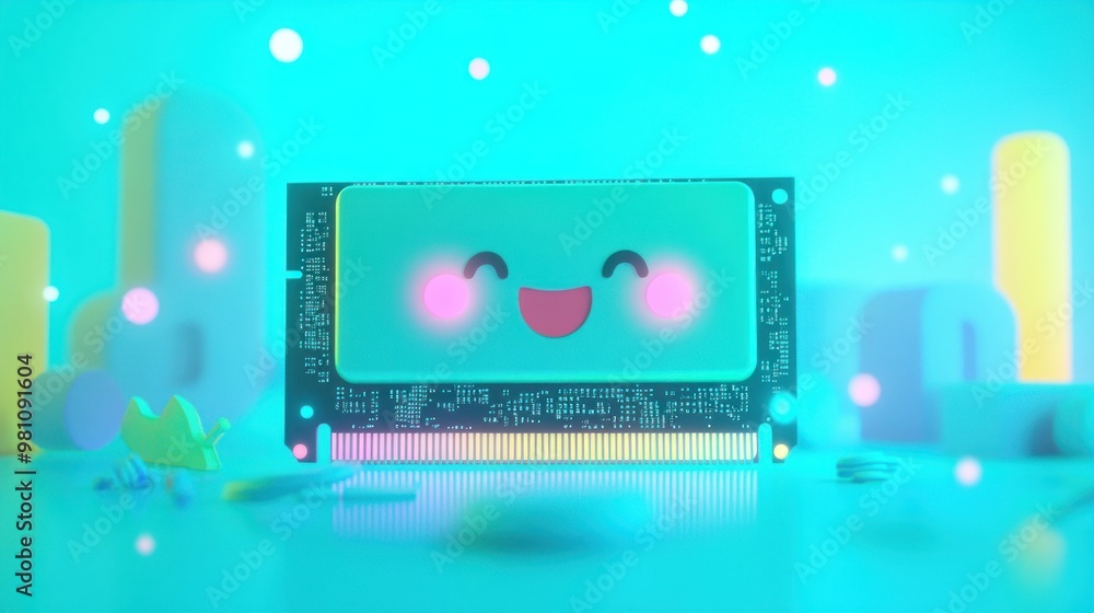 Poster a cheerful ram module with a smiling face, surrounded by colorful geometric shapes.