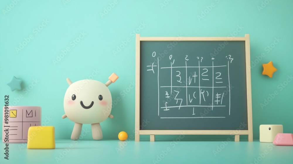 Wall mural A cute character stands beside a chalkboard with a simple math equation, promoting learning.