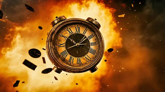 A vintage clock explodes in a dynamic, fiery scene with debris and flames surrounding it. The intense action suggests urgency and chaos, with dark tones enhancing the dramatic effect.