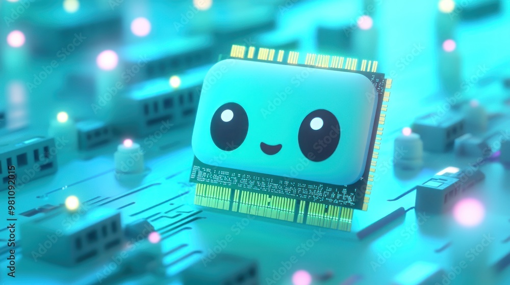 Poster a cute, smiling microchip character on a circuit board with glowing lights.