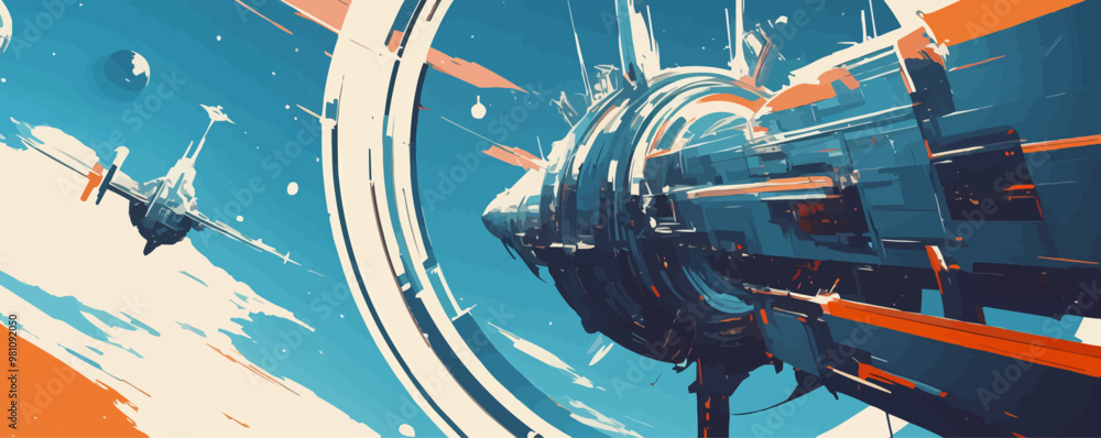Poster futuristic space station orbiting a distant planet. vector flat minimalistic isolated illustration.