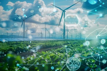 Illustration of "A visionary landscape where towering wind turbines and solar panels generate both energy and carbon credits, with streams of digital currency flowing through the scene." Ai Generate.
