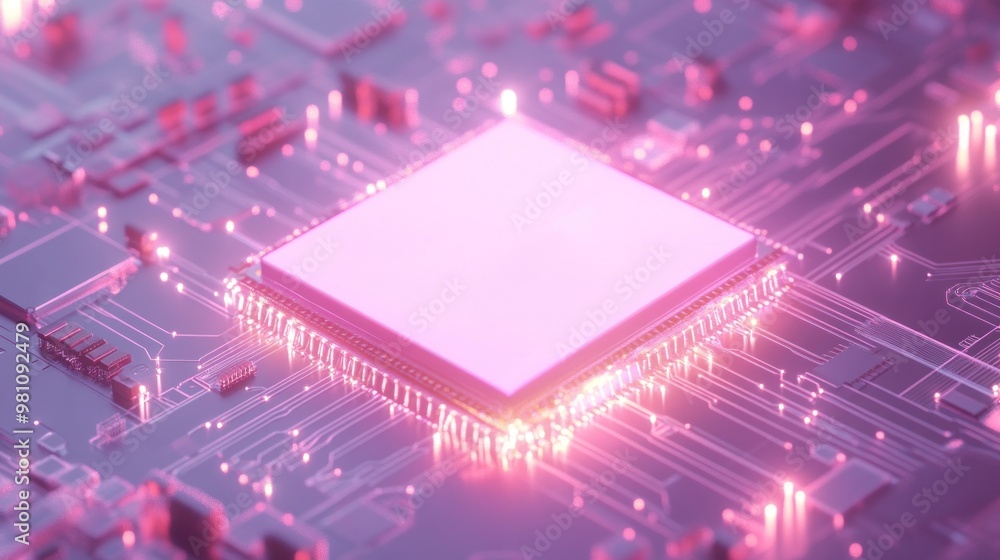 Aufkleber a futuristic microchip on a circuit board with glowing elements.