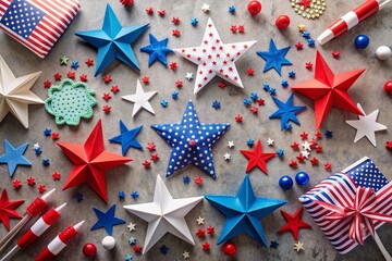 Obraz premium Vibrant patriotic children's crafts spread on a light gray background, featuring paper stars, glue, and colorful embellishments, perfect for Fourth of July or Memorial Day themes.