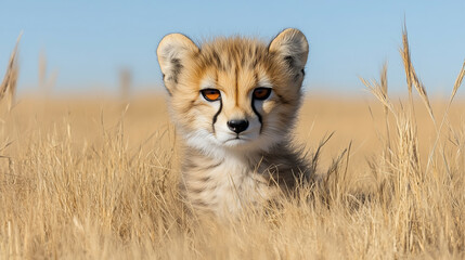 Obraz premium A baby cheetah cub is sitting in the tall grass of an African savanna