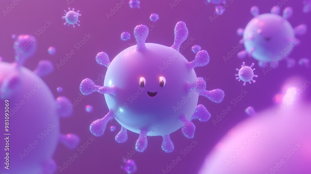 Poster a cheerful representation of virus-like particles in a colorful, animated style.