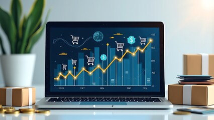 A financial growth chart depicting the rise of e-commerce, showing increasing revenue and market value. The chart highlights the expansion of online sales and digital transactions.