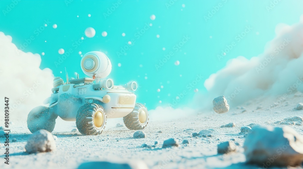 Poster a futuristic rover exploring a surreal, vibrant landscape with clouds and floating particles.