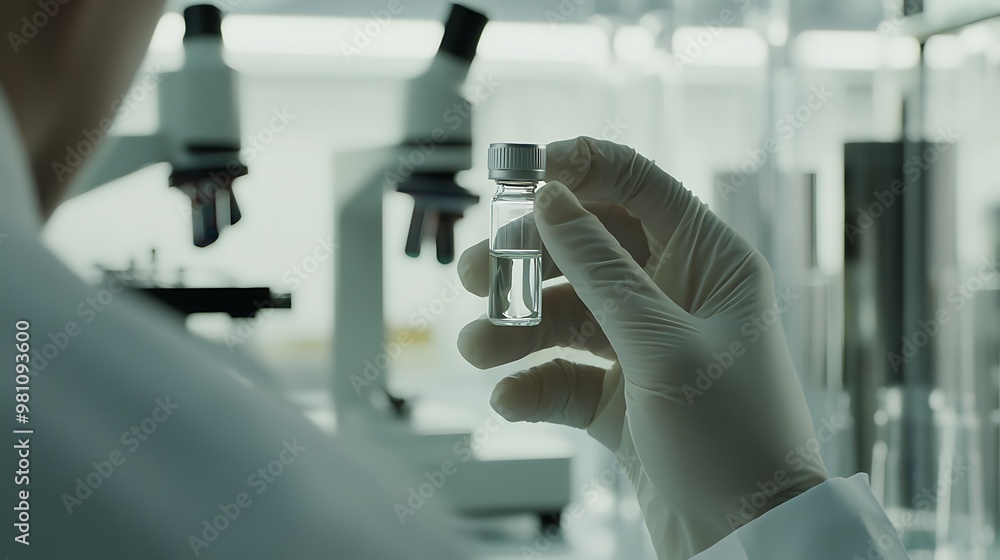 Poster a scientist in a lab coat holds a vial of liquid in front of a microscope.