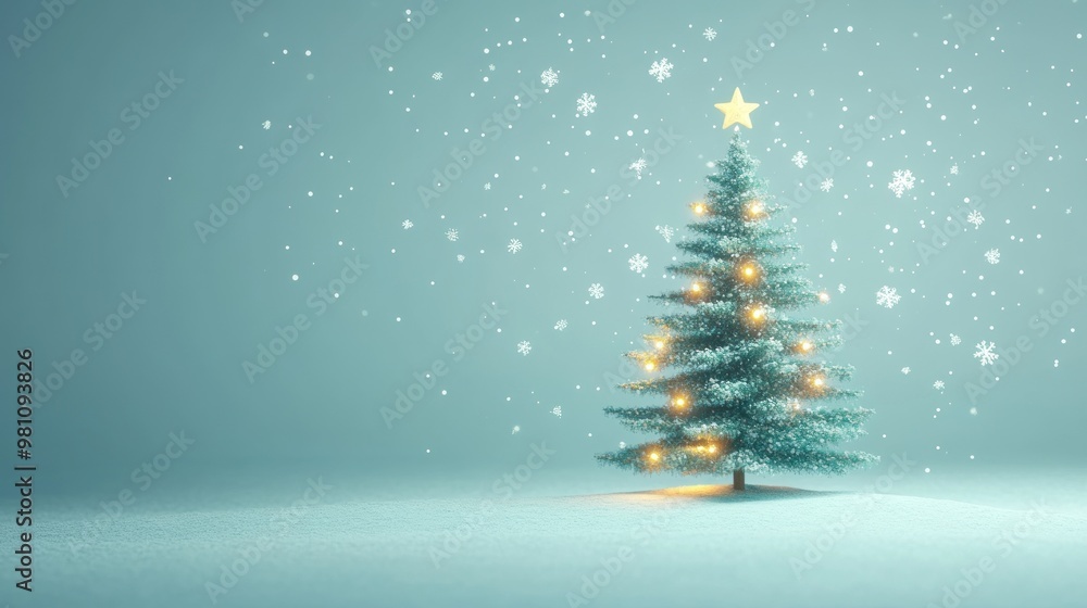 Wall mural A decorated Christmas tree with lights and a star, surrounded by falling snowflakes.