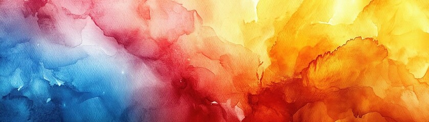 Vibrant abstract watercolor blending hues of red, blue, and yellow, creating a dynamic and energetic visual experience.