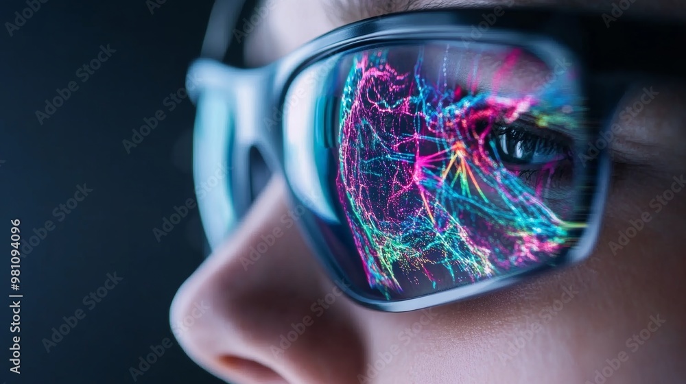 Poster futuristic augmented reality glasses showing real-time brain metrics for biometric monitoring and an