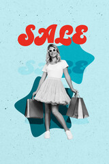 Composite trend artwork collage of shopping black friday sale banner percent cloud young lady...