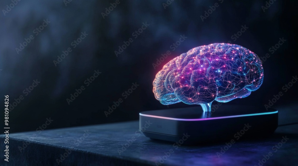Poster futuristic brain-computer interface device charging on modern docking station