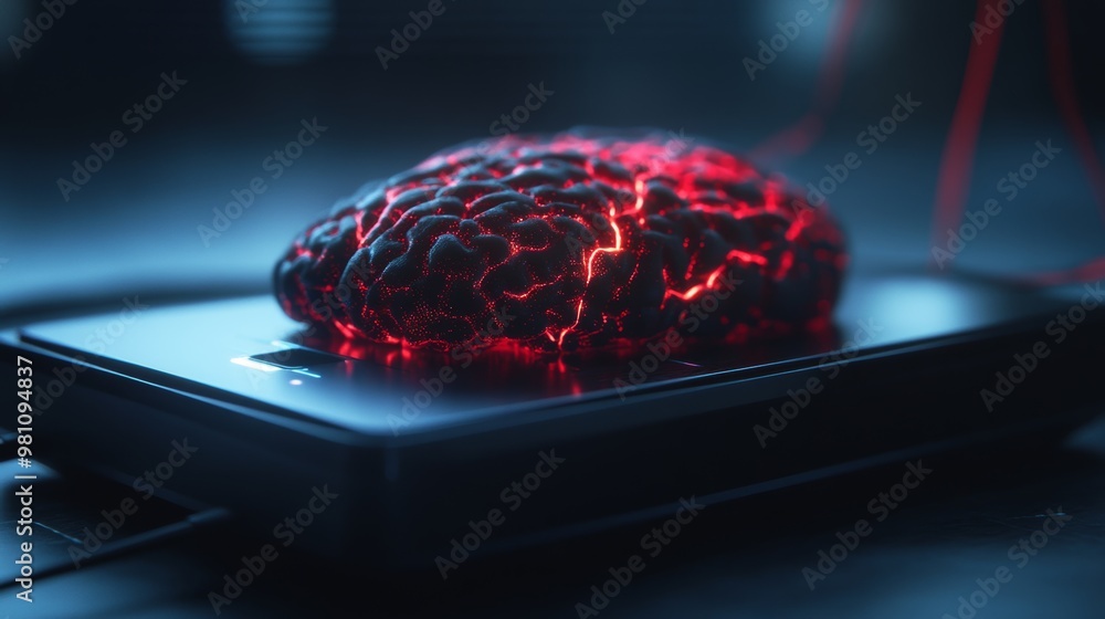 Poster futuristic brain-computer interface device charging on sleek station