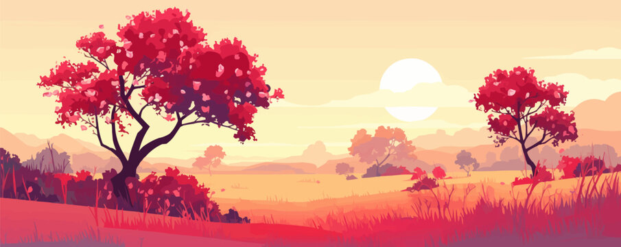 Cherry orchard landscape at sunrise, Vector flat minimalistic isolated illustration
