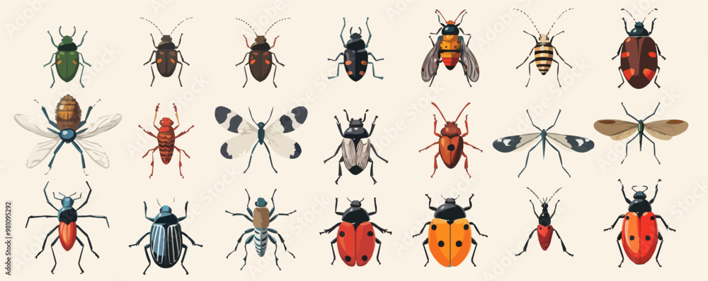 Poster a collection of bugs in various colors and sizes. concept of diversity and abundance in the insect w