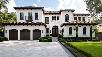 Fototapeta premium A modern Mediterranean-style house with a spacious driveway and lush landscaping.