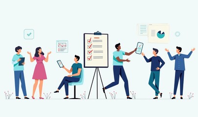 A vibrant illustration of a diverse team collaborating, discussing ideas, and reviewing progress on tasks, perfect for business, teamwork, and project management themes.