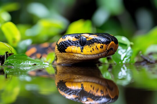 Amazon Forest anacondas slithering through the underbrush, hidden from sight