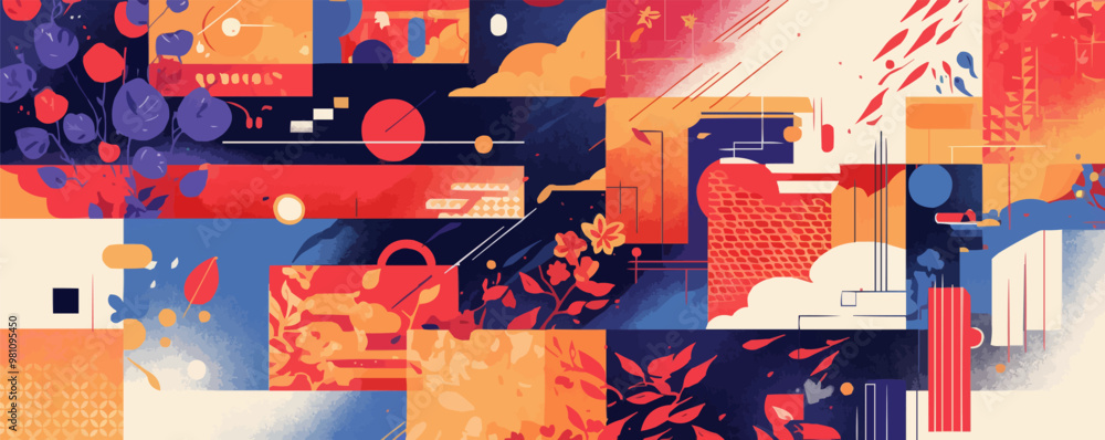 Poster layered abstract composition with translucent elements and intricate details, sophisticated and cont