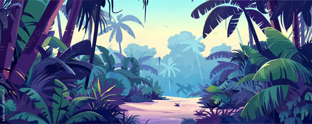 Poster a lush jungle scene with a path through it