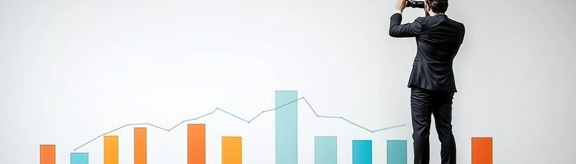 Businessman capturing growth data on a smartphone with graphs displaying performance trends on a white wall.