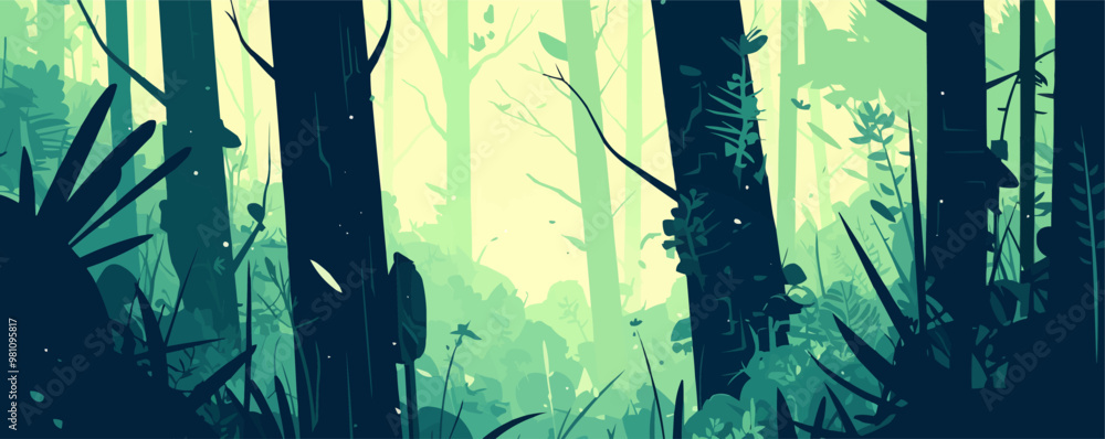 Poster a forest scene with trees and bushes. the trees are tall and green, and the bushes are small and sca