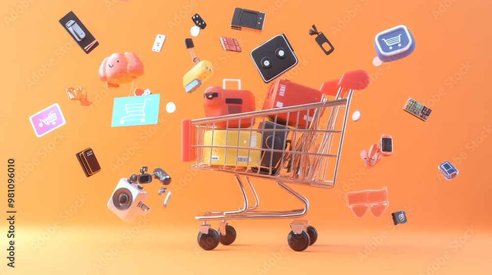 Poster A shopping cart filled with colorful products, surrounded by floating icons representing online shopping.