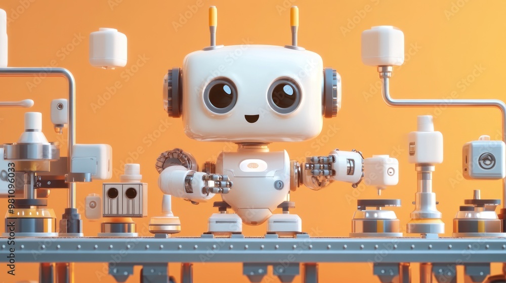 Poster a cheerful robot stands amidst various mechanical components in a vibrant setting.