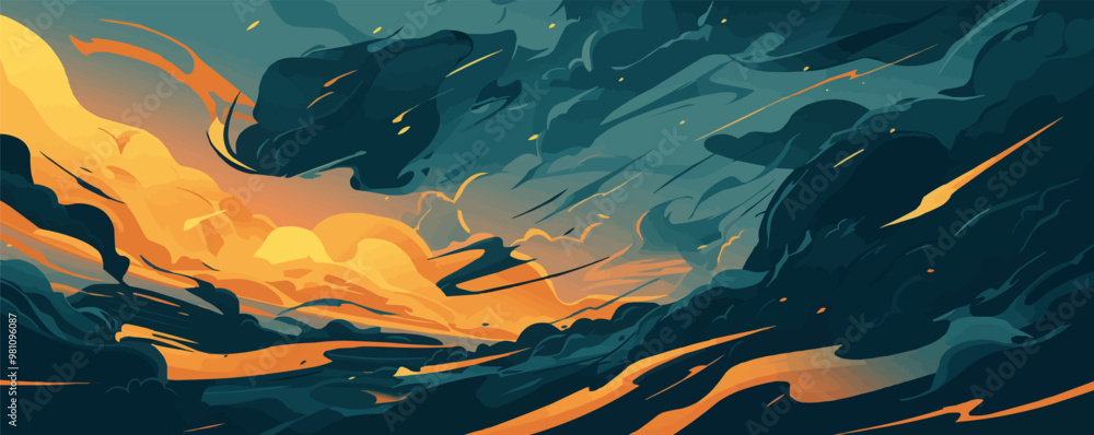 Poster design an abstract illustration of swirling dark clouds with flashes of lightning, conveying the pow