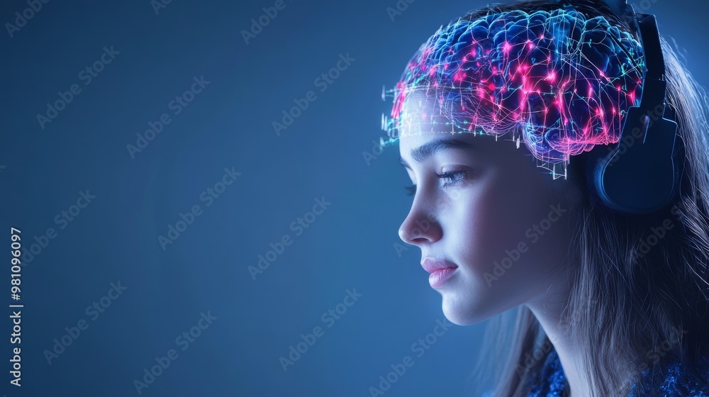 Poster neurofeedback technology: eeg headset showing vibrant brain wave patterns