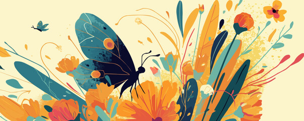 Fototapeta premium Colorful butterfly feeding on a flower. Vector flat minimalistic isolated illustration.