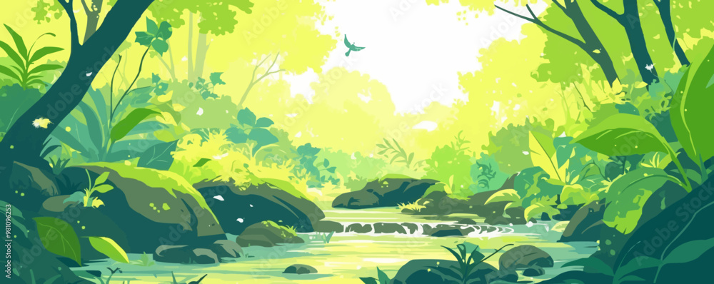 Poster design a tranquil woodland scene with a small stream and lush greenery. vector flat minimalistic iso