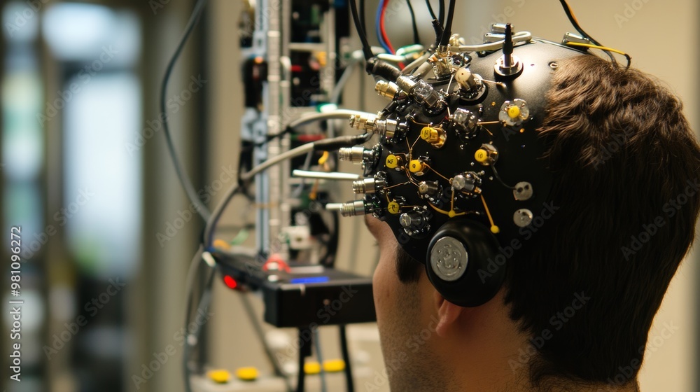 Poster futuristic eeg-controlled robotic arm showcasing brain-machine interface technology