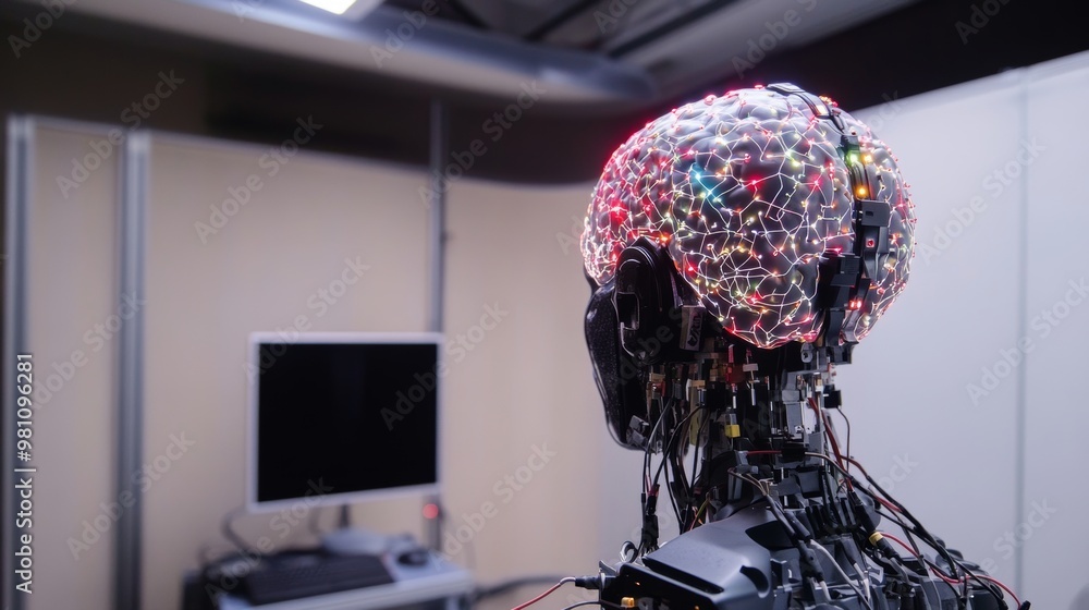Poster neurotechnology advancement: eeg-controlled robotic arm showcasing brain-machine interface innovatio