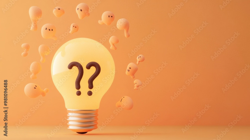Poster a light bulb with question marks surrounded by floating question icons, symbolizing curiosity.