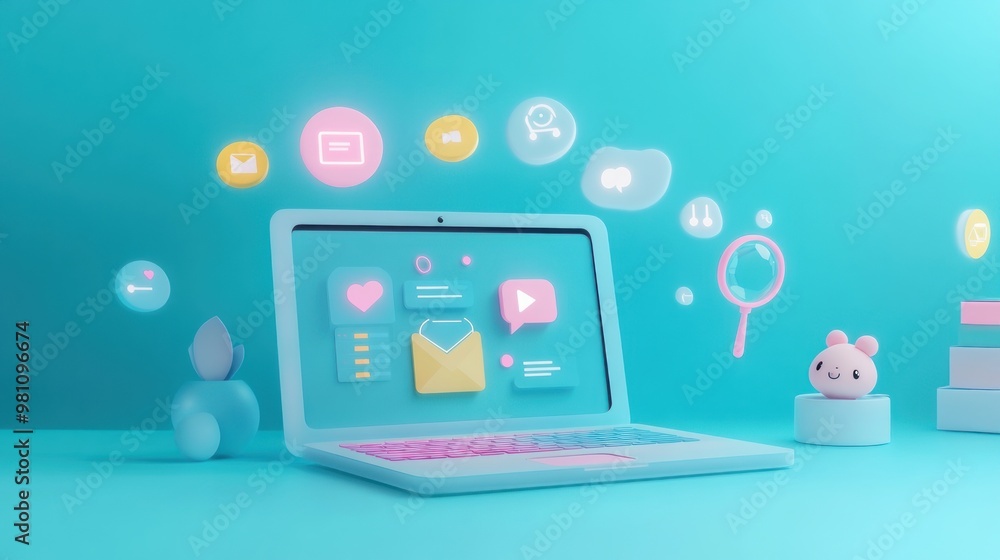Aufkleber a colorful laptop displaying digital icons and notifications in a playful, tech-themed setting.