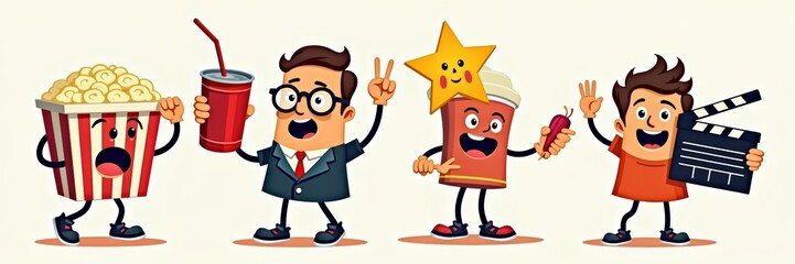 Fun and vibrant cartoon characters celebrating snacks and cinema, ideal for marketing campaigns related to movies, events, or food-themed promotions.